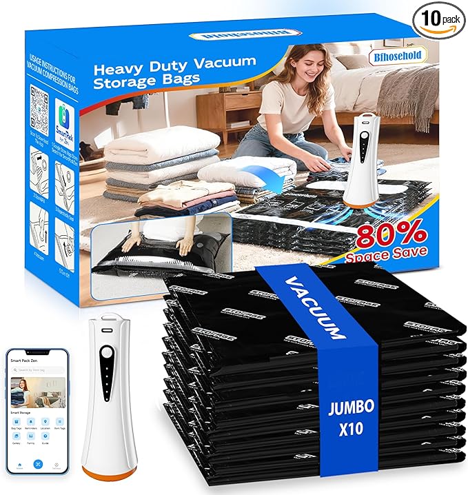 Jumbo Vacuum Storage Bags with Electric Pump, 10 Pack Vacuum Seal Bags for Clothing, Bedding, Pillow, Comforters, Blankets, Compression Bags Includes Portable Fast Pump for Home Organization Storage