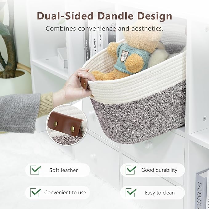 Cotton Rope Basket, Storage Baskets with Handle, 15x10x9 Inch Woven Basket for Shelves, Laundry, Towels, Clothes, Books (White Brown 2 Pack)