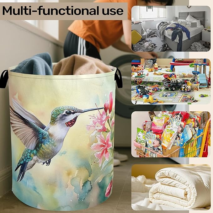 Summer Hummingbird Laundry Basket with Handles - Extra Large Foldable Hamper for Bathroom/Laundry/Bedroom/Dorm, Washable Fabric Storage Bin