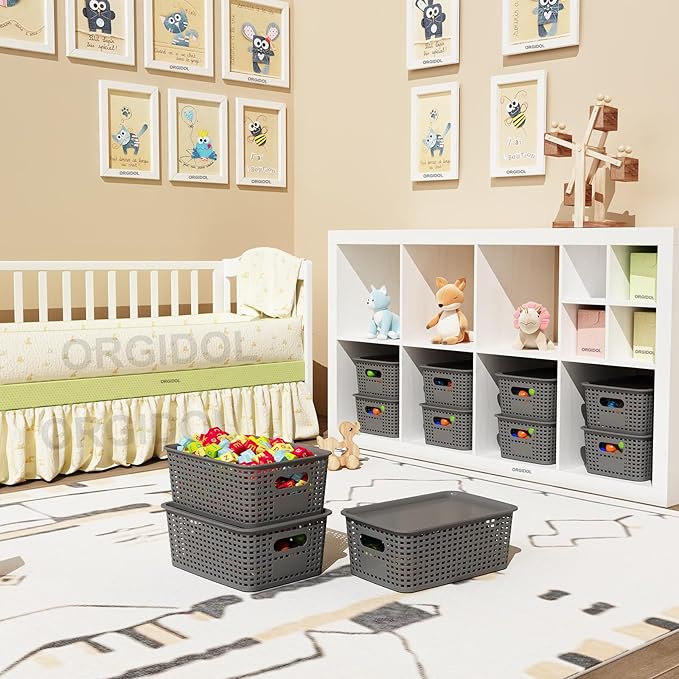Plastic Storage Basket with Lids 10 Pack Stackable Storage Bins Containers with Lid, Decorative Storage Boxes for Organizing Shelves, Drawers, Playroom, Classroom, Office, Closet, Grey