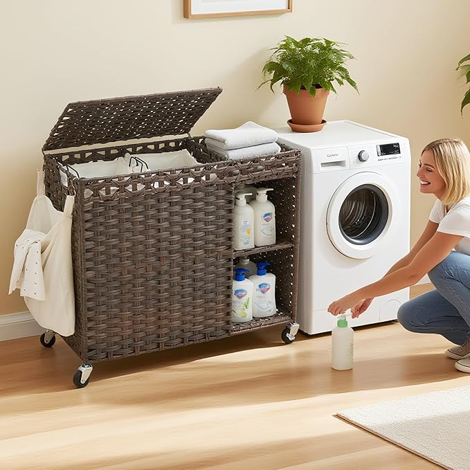Laundry Hamper with Lid, 160L Rattan Wicker Laundry Basket with Wheels, Handwoven Laundry Hamper 2-Section with Storage shelf(42.3 Gal), Laundry Sorter Basket with Removable Liner, Brown HLH032BR