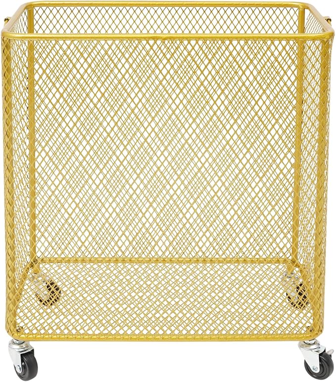 Wire Metal Rolling Laundry Basket On Wheels,Gold Mesh Wire Laundry Basket Storage Cart for Bathroom Bedroom Dirty Clothes Storage (I)