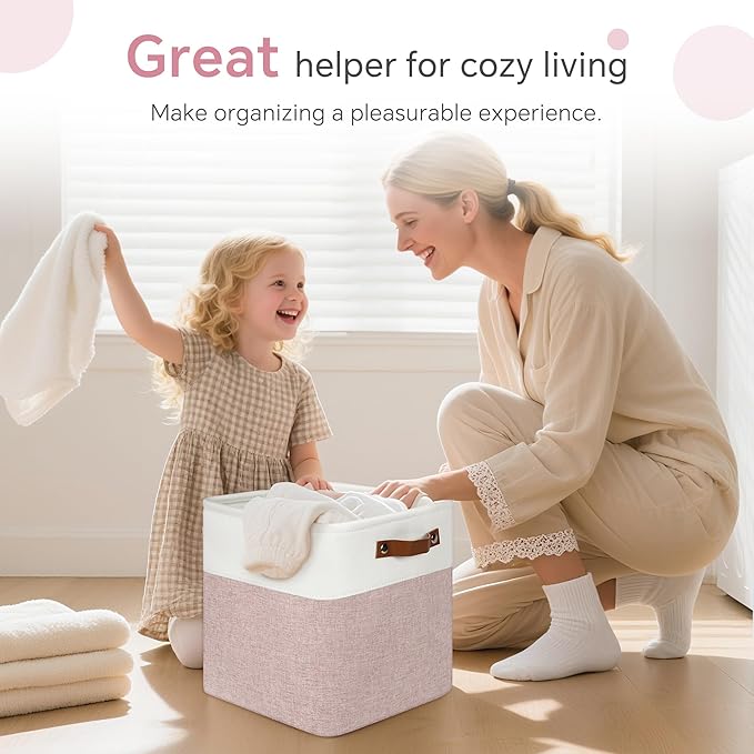 Cube Storage Baskets 6 Pack, 11x11 inch Cube Storage Bins with Leather Handles for Shelf Closet (White/ Pink)