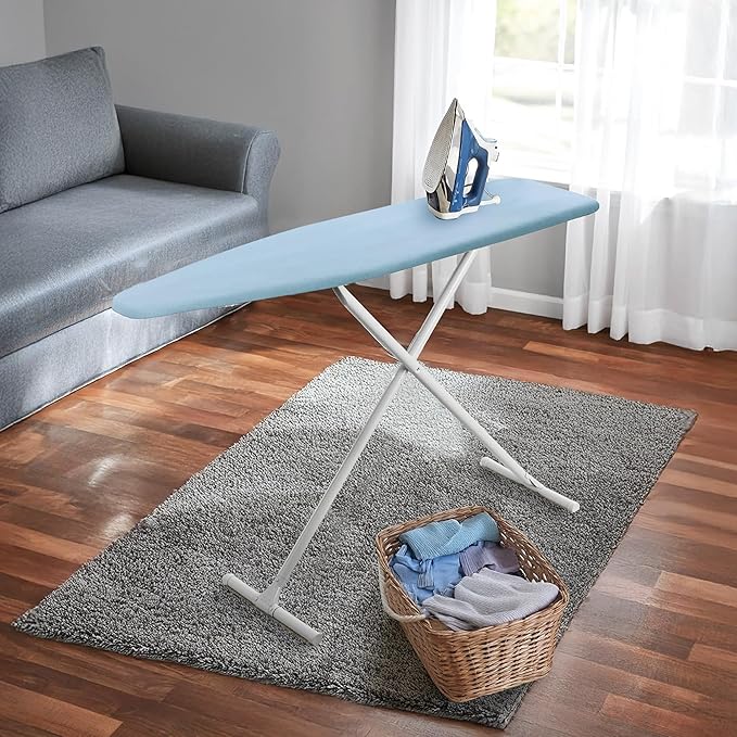 HOMZ Ironing Board, Folding Compact Table with Foam Pad and Cotton Cover, Light Blue - Portable Iron Machine Stand for Pressing Clothes - Ideal for Home, Dorm, and Laundry Room