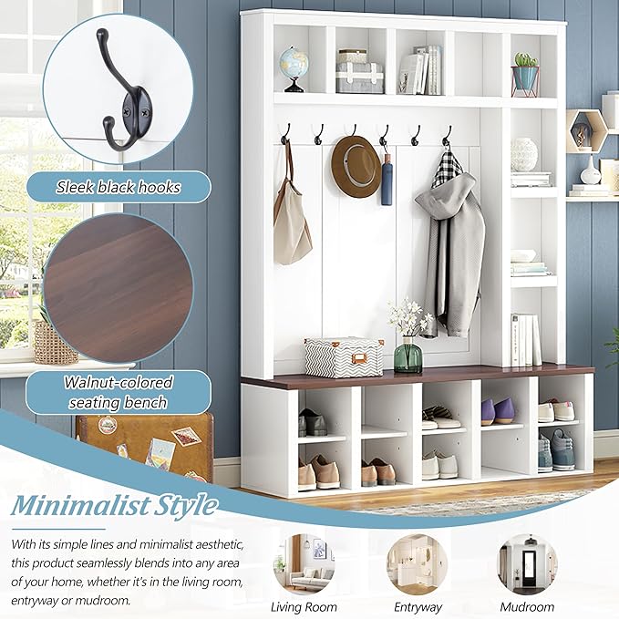 Farmhouse Entryway Bench with Coat Rack, Wooden Hall Tree with 6 Hooks, Walnut Storage Bench with Adjustable Shelves, 4-in-1 Entryway Shoe Cabinet with 13 Cubbies for Mudroom (White/172)
