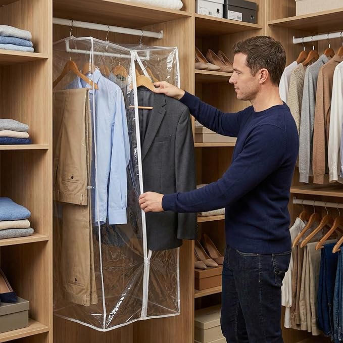 Garment Bag - Clear Hanging Closet Organizer - Durable Zippered Cover with Rod Protects Dresses, Suits, and Jackets from Dust and Moist- Top Metal Frame to Keep All Your Stuff in Shape- 42" x 20" x 15