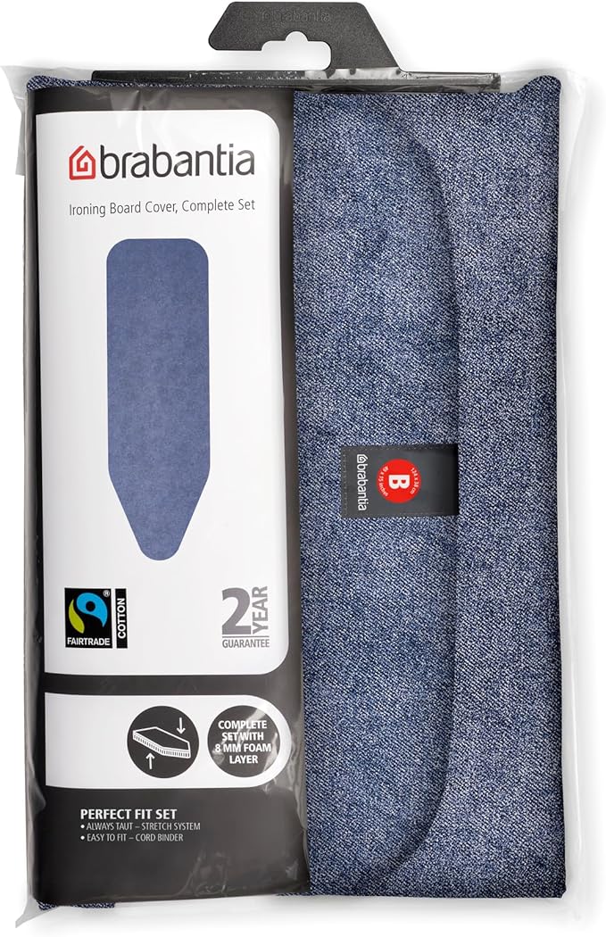 Brabantia Size B (49 x 15 inches) Replacement Ironing Board Cover with Thick Foam & Felt Padding (Denim Blue) Easy-Fit, 100% Cotton