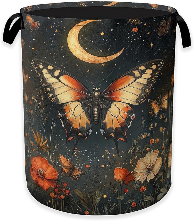 Laundry Hamper,Vintage Butterfly Flower Laundry Basket,Gothic Garden Moon Portable Collapsible Laundry Room Organization Storage for Dorm Room,Nursery,Bathroom,Bedroom,16x20 Inch