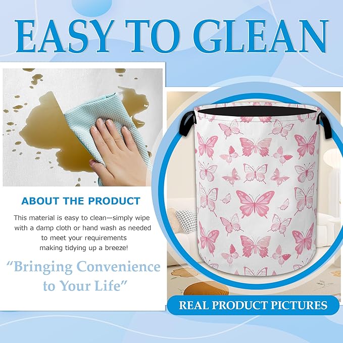 Pink Butterfly Laundry Basket Collapsible Laundry Hamper Clothes Toy Storage Bin for Bathroom Bedroom Room Decor 16" X 20.8"