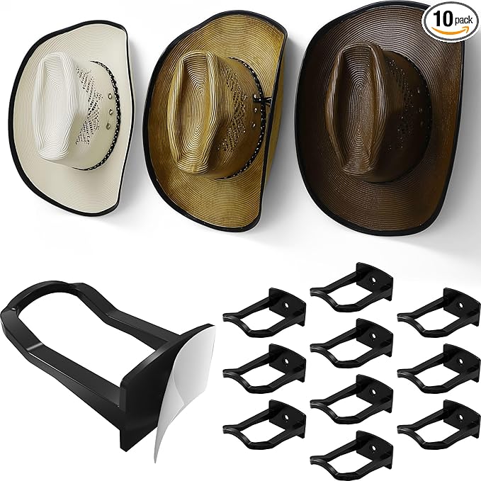 Modern JP Adhesive Cowboy Hat Hooks for Wall (10-Pack) – 3-Inch Wall Mount for Secure Hold, Wide Brim Hat Organizer, Western Room Decor – Black