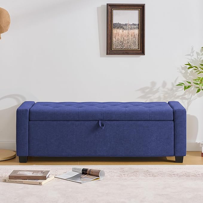 48" Ottoman with Storage, Storage Ottoman Bench with Safety Hinge, Upholstered Entryway Bench with Seating for Bedroom, Living Room, Holds up to 330 lb, Blue