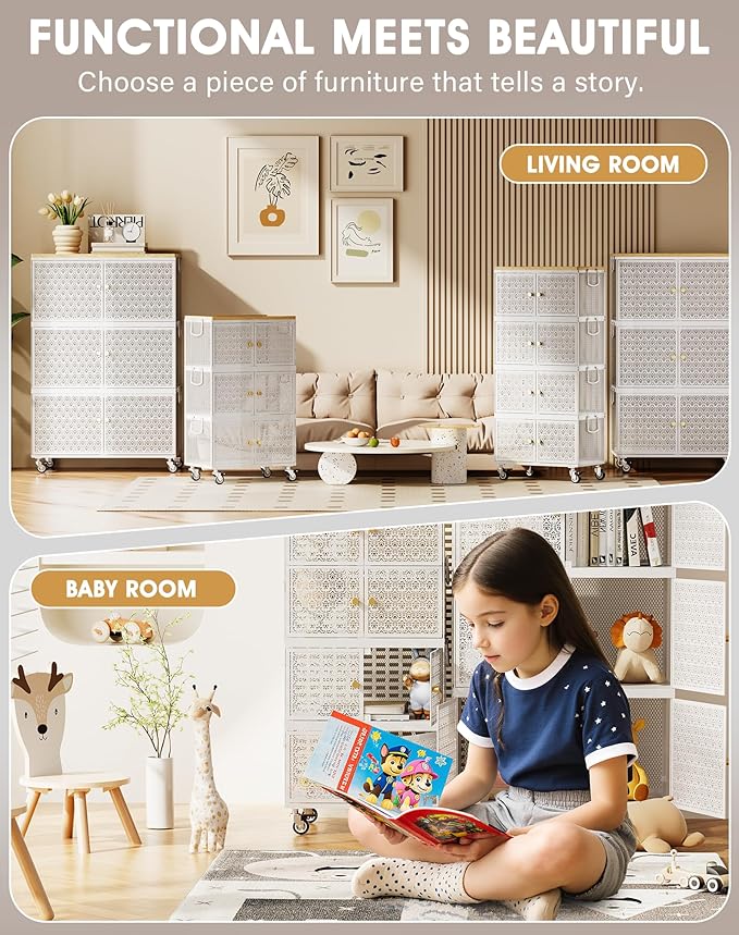 4 Tier Metal Storage Cabinet with wheels, Storage Bins with Magnetic Doors, Storage Cart for Living Room, Bedroom, Bathroom, Kitchen