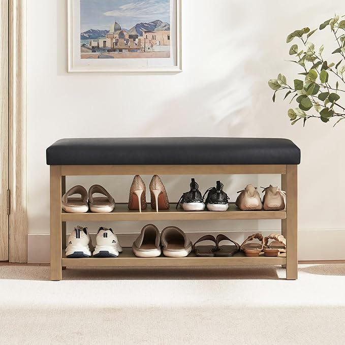 Shoe Rack Bench with Leather Cushion, 2 Tier Solid Wood Storage Bench, Mid-Century Modern Shoe Bench for Entryway, Hallway, Closet, Front Door Entrance, Foyer (Black, 39.4")