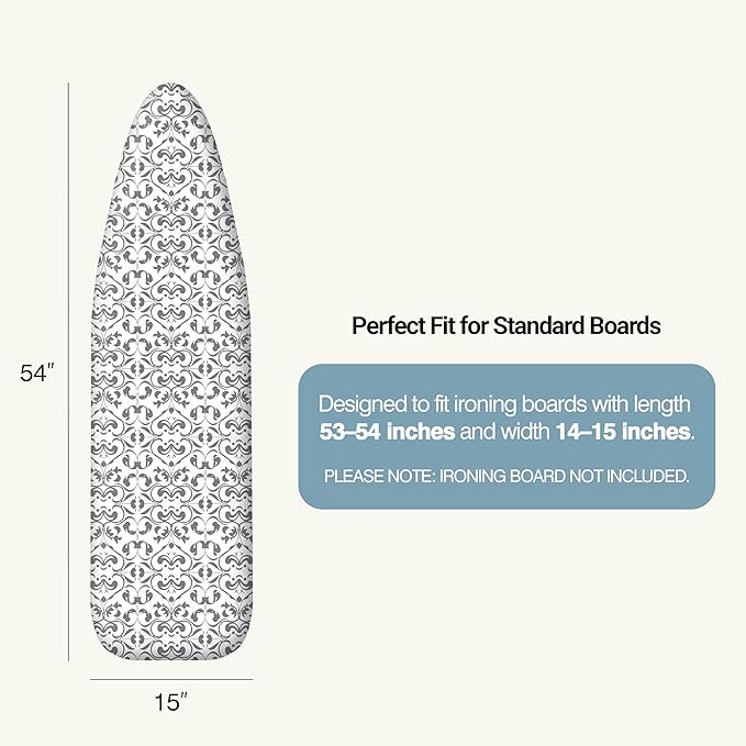 Ironing Board Cover and Pad 15"x54" Extra Thick Natural Cotton, Scorch and Stain Resistant Padding,Standard Size Iron Board Cover with Fasteners Heavy Duty Elastic Edge, Heatproof Ash