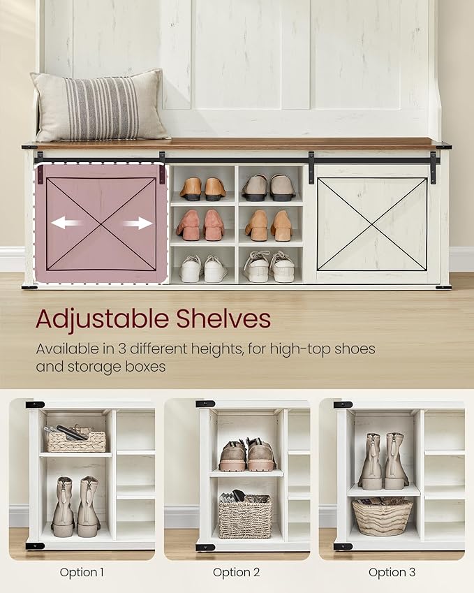 VASAGLE Hall Tree with Bench and Shoe Storage, Coat Rack with Shoe Bench, Entryway Furniture, 6 Tri-Hooks, Sliding Door, Farmhouse Style, Space Saving, Rustic White and Honey Brown UHSR443W01