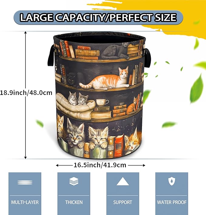 Cat On The Bookshelf Laundry Basket Cute Pet Foldable Waterproof Oxford Cloth Funny Tote Bag Laundry Hamper Clothes Storage Bucket Toy Organizer For Bathroom/Laundry Storage/Bedroom 18.9x16.5 Inch