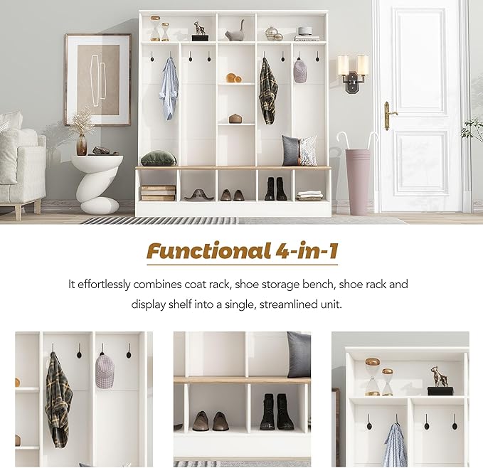 Modern Hall Tree with Storage Bench, Minimalist Shoe Cabinet with Cube Storage & Shelves, Multifunctional Coat Rack with 8 Hooks for Entryways Mudroom Hallway (White + Particle Board-Q13)
