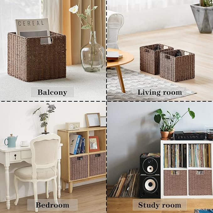 Vagusicc Wicker Basket, Set of 2 Hand-Woven Paper Rope Storage Baskets for Organizing, Foldable Cubby Storage Bins, 11 Inch Large Wicker Storage Basket, Square Baskets Cube Storage Organizer, Brown