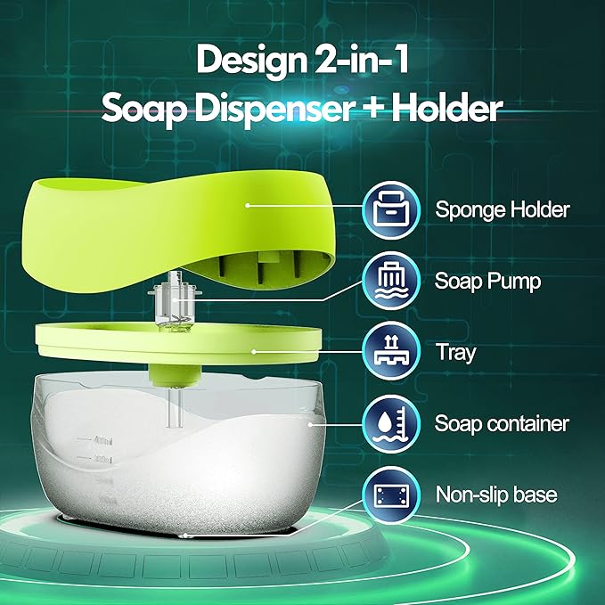 Dish Soap Dispenser with Sponge Holder for Kitchen Sink, 2 in 1 Soap Pump Dispenser Set, Useful Dishwashing Liquid Dispenser for Kitchen Countertop to Save Soap (Yellow)
