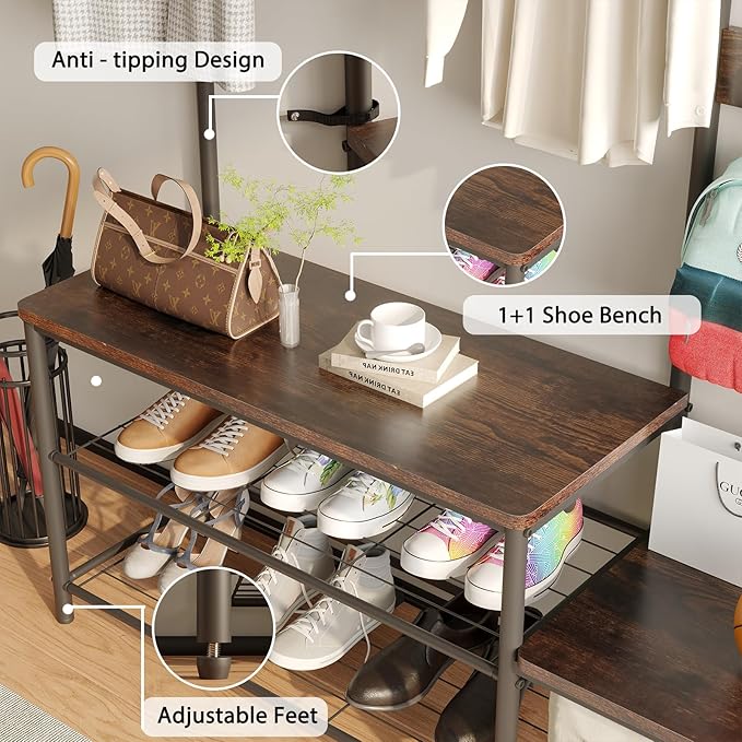 CharaVector Hall Tree Coat Rack Shoe Bench, Industrial Design, 3-in-1, Rustic Brown