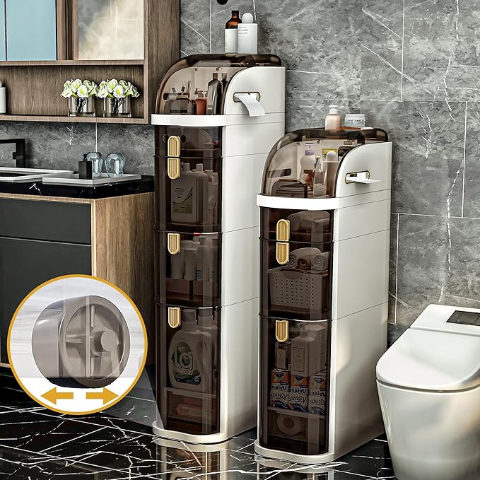 3-Tiers Slim Bathroom Storage Cabinet with Drawers & Tissue Box,Plastic Narrow Rolling Bathroom Tower Cart Waterproof & No Installation for Small Spaces Kitchen Laundry Living Room