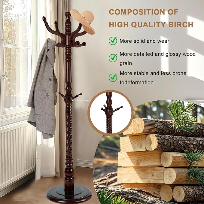 Solid Wood Coat Rack, Free Standing Hall Coat Tree with 11 Hooks, 2 Height Options, 270lbs Load, Stury Base, Clothes Rack for Entryway, Hallway, Bedroom (Disc Base - Dark Brown)