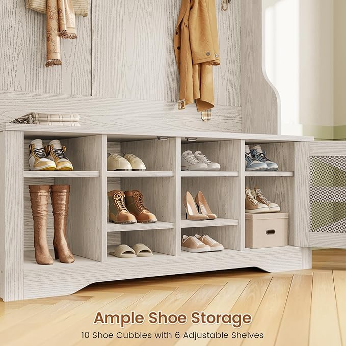 Itaar Hall Tree with Bench and Shoe Storage, 5-in-1 Entryway Bench with Coat Rack, 10 Shoe Cubbies & 9 Coat Hooks, Barn Door & Adjustable Shelf (Embossed White)
