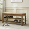 VKNOW Entryway Bench, 44.3” Upholstered Shoe Bench for Bedroom, 2-Tier Storage End of Bed Bench with Rubberwood Legs for Living Room, Hallway, Orange