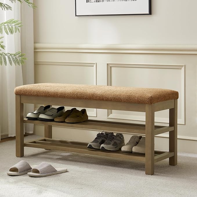 VKNOW Entryway Bench, 44.3” Upholstered Shoe Bench for Bedroom, 2-Tier Storage End of Bed Bench with Rubberwood Legs for Living Room, Hallway, Orange