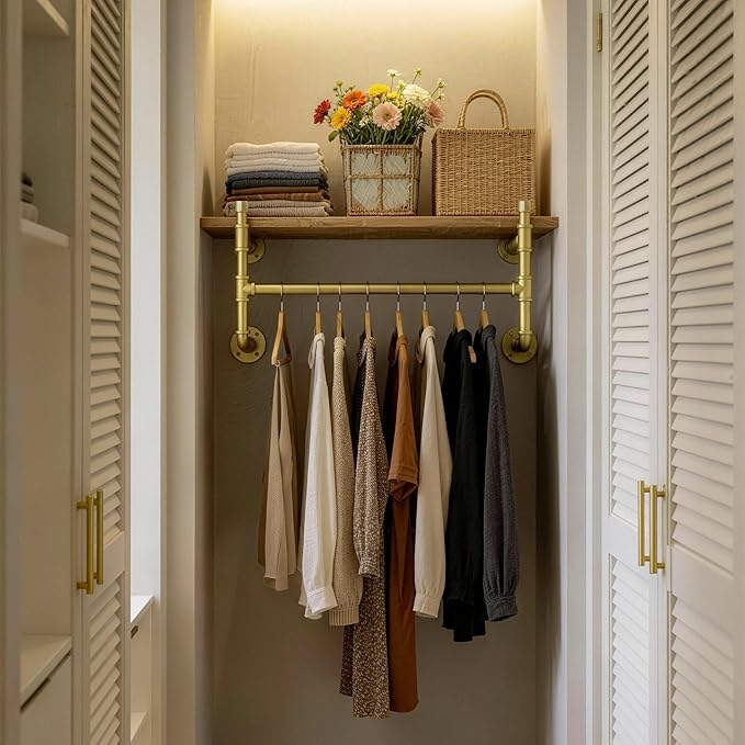 WEBI Wall Mounted Clothes Rack with Shelf,30" Industrial Pipe Clothing Rack with Shelf with Hanging Rod,Heavy Duty Iron Garment Rack Bar,Retail Display Clothes Rod for Laundry Room,Closet,Gold