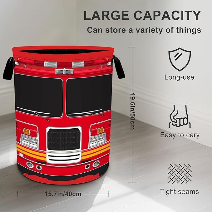 Fire Truck Laundry Basket Storage Bin Foldable Laundry Hamper Clothes Storage Bucket Organizer 19.6x15.7 Inch For Laundry Room/Bedroom/Bathroom