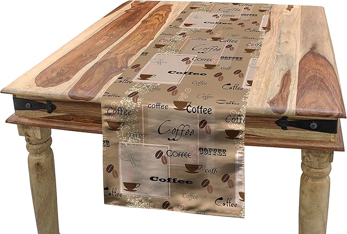 Ambesonne Coffee Table Runner, Coffee Words Different Typographies Beans Cups on Abstract Vintage Backdrop, Dining Room Kitchen Rectangular Runner, 12" X 90", Brown Black