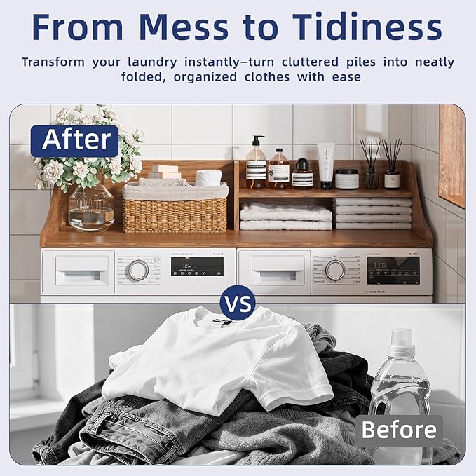 2 Tiers Washer Dryer Countertop, 54" Width x 27.5" Depth Laundry Countertop Organization, Wooden Washer and Dryer Topper for Folding, Sorting & Ironing, Easy to Install, Walnut