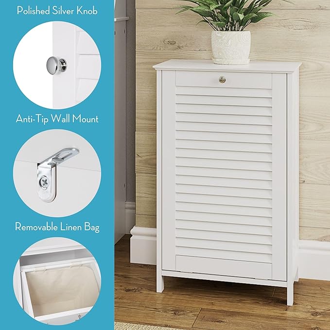 RiverRidge Ellsworth Laundry Cabinet with Tilt-Out Door, Removable Cloth Bag, Shutter Design & Polished Silver Knob Laundry Room Storage Cabinet.