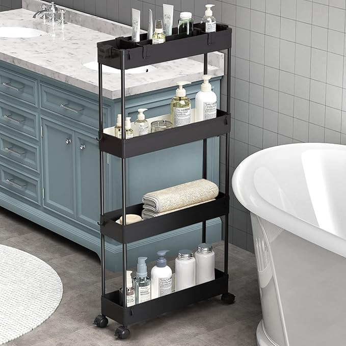 SPACELEAD Slim Storage Cart 4 Tier,Bathroom Organizer Rolling Utility,Mobile Shelving Unit Slide Out for Office, Kitchen, Laundry Room & Narrow Places,Black