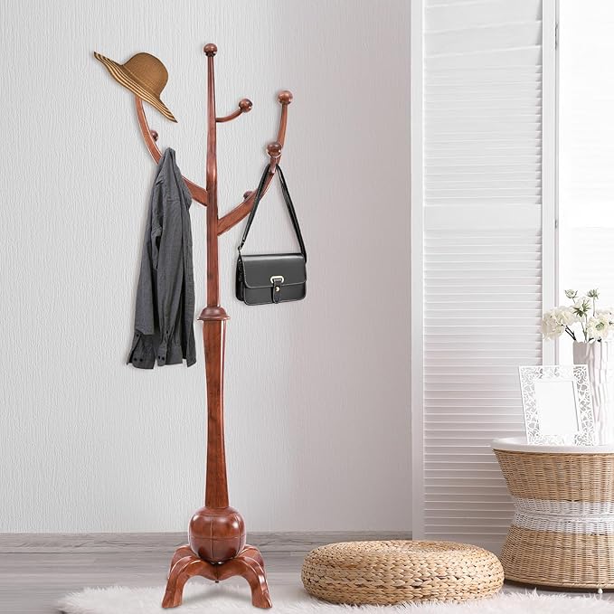 Coat Tree Freestanding Wood Tree Rack, Heavy Duty Creative Design Tree Branch-look Coat Rack Stand with 8 Hooks and Stable Sphere Base for Entryway, Hallway, Bedroom-Load 110lbs (Walnut)