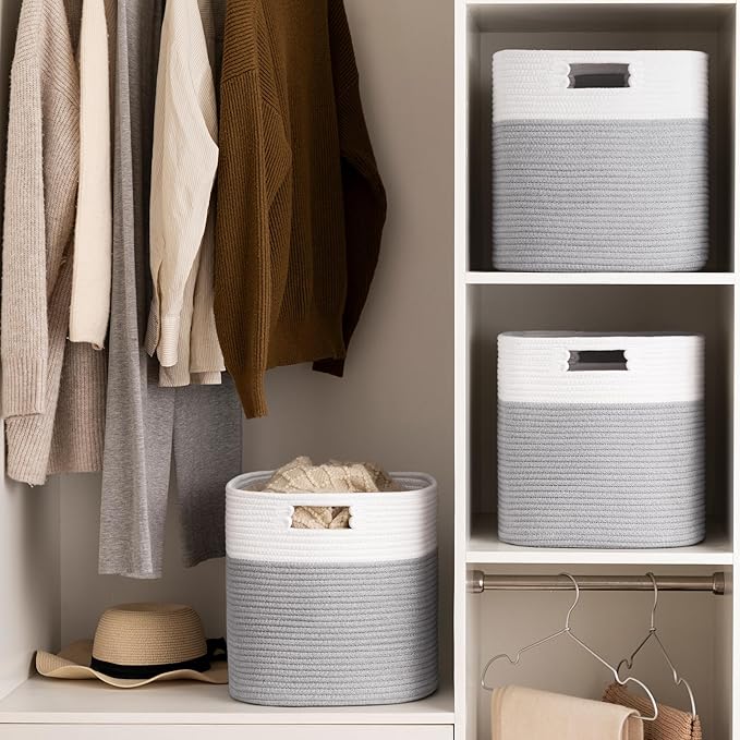 UBBCARE Set of 4 Storage Basket-13 X 13 X 13 in, Cotton Rope Basket for Shelves, Toys, Book, Cube Storage Bins with Handles, Woven Storage Basket for Organizing, White/Grey