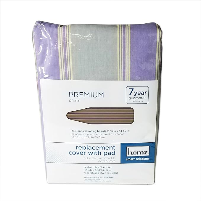 HOMZ 1915064 Premium Replacement Cover and Pad for Standard Width Ironing Board, 13-15" W x 53-55" L, Purple Diagonal Stripe