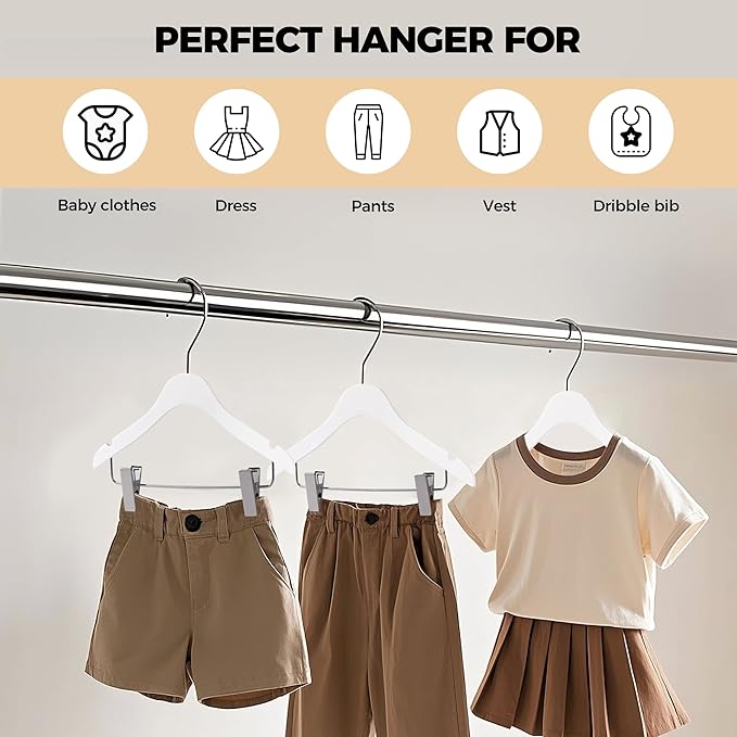 Quality 12-Inch Ultra Slim Kids Wooden Hangers – 100-Pack – Space Saving White Design with Nickel Swivel Hook – for Baby Clothes, Shirts & Dresses (White, Skirt/Blouse, 100 Pack)