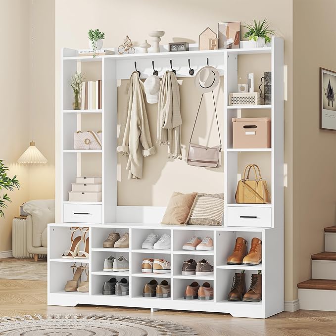 Semoic Farmhouse Hall Tree with 2 Independent Drawers,6-in-1 Entryway Bench with Coat Rack Adjustable Shoe Storage for Foyer/Hallway,White