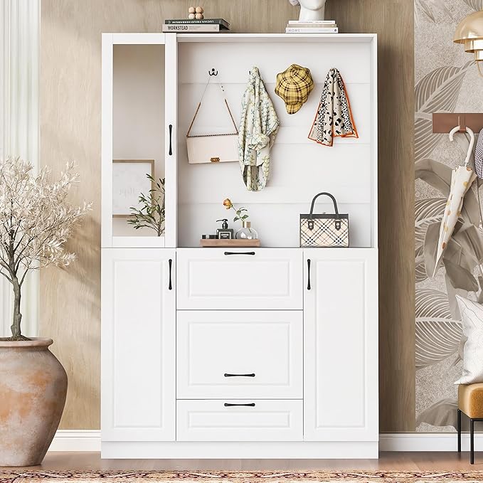 51.1'' Hall Tree with 4 Sturdy Hooks and Foldable Seat, 3-in-1 Design and Mirrored Cabinet Door, Entryway Bench with Integrated Shoe Cabinet for Living Room