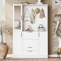 51.1''W Hall Tree with Integrated Shoe Cabinet and Mirrored Cabinet Door, 4-in-1 Design Entryway Coat Hanger with Foldable Seat, 4 Hooks and 2 Drawers for Entrance Living Room