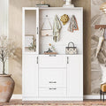 51.1'' Hall Tree with 4 Sturdy Hooks and Foldable Seat, 3-in-1 Design and Mirrored Cabinet Door, Entryway Bench with Integrated Shoe Cabinet for Living Room
