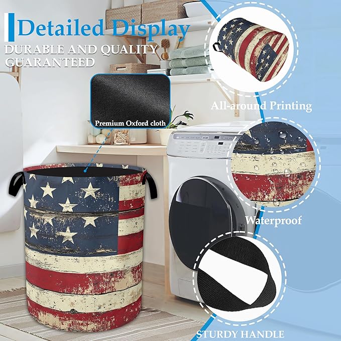 American Flag Laundry Basket Collapsible Laundry Hamper with Handle, Oxford Clothes Toy Storage Bin for Bathroom Bedroom Room Décor 16" X 20.8"