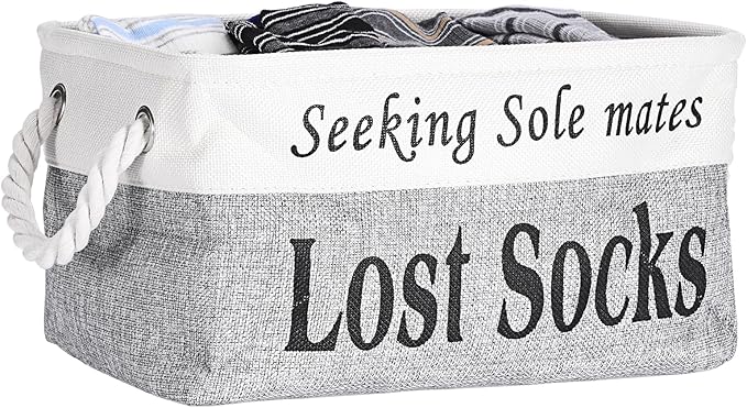 Lost Socks Basket for Laundry Room, Fabric Missing Sock Holder for Single Sock Organization, Collapsible Lost Socks Bin Stockings Container, Farmhouse Laundry Room Decor and Accessories