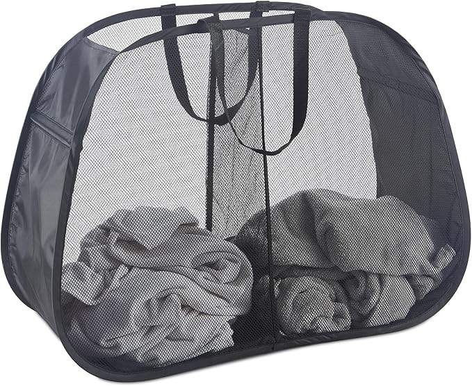 Seiritex Mesh Popup Laundry Hamper 2 Compartment, Collapsible Laundry Sorter Basket Foldable Hamper for Clothes, College Dorm, Travel (Black)