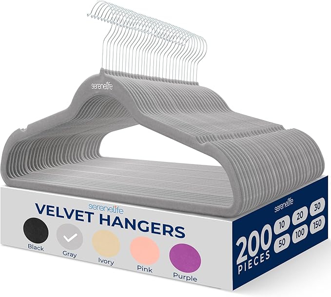 SereneLife 200-Pack Velvet Hangers – Space-Saving Non-Slip Gray Clothes Hangers with 360° Swivel Hooks, Heavy Duty Ultra-Thin Design for Coats, Shirts, Dresses & More – Durable & Lightweight