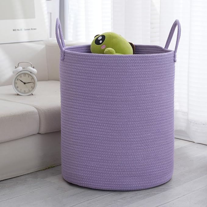 Woven Basket Nursery Laundry Hamper with Handles, Clothes Storage Organizer, Woven Basket for Boy Room Decor, Toy & Blanket Storage Bin, 15x15x18 Inch,Purple,1pc