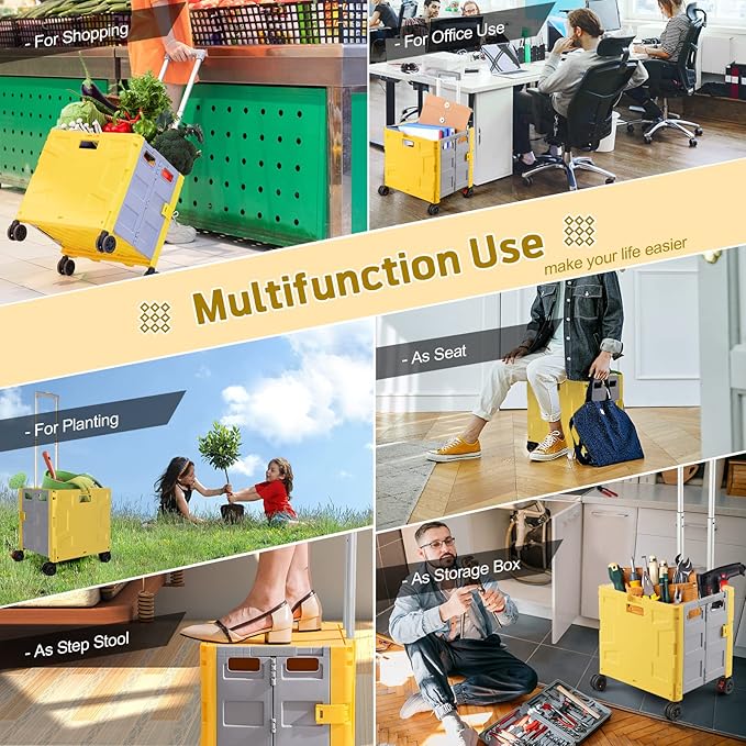 FELICON Folding Utility Cart Portable Rolling Crate Handcart with Durable Heavy Duty Plastic Telescoping Handle Collapsible Hidden Lid 4Rotate Wheels for Travel Shop Move Office Teacher(Yellow&Gray)