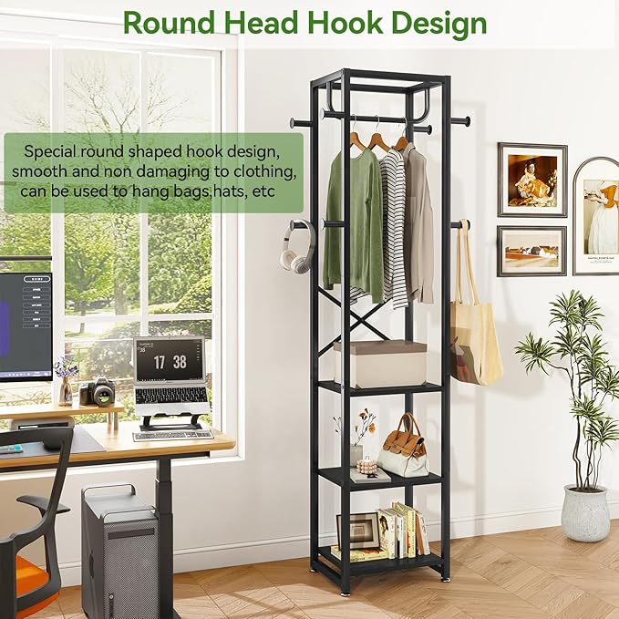 IBUYKE Coat Rack with Shelves, Freestanding Hall Tree with 3 Shelves and 8 Hooks, Industrial Clothes Stand for Entryway, Hallway, Bedroom, Black UTMJ088B